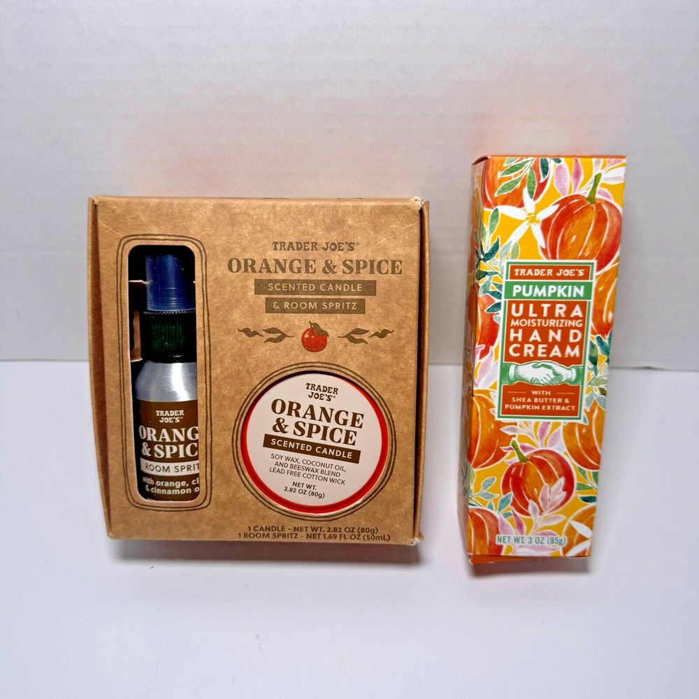 Trader Joes Set of Pumpkin Cream and Orange & Spice Room Spray and Candle